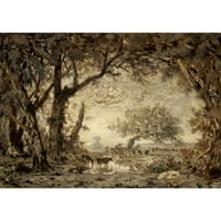 Théodore Rousseau crni moderni uokvireni muzej umjetničko otisak pod nazivom - zalazak sunca iz šume