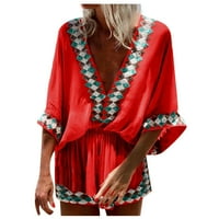 Capri pantalone za žene modni stil plaže tiskani V-izrez casual labav kombinezon crveni m