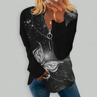 Ženski vrhovi V-izrez žene četvrtine zip modnih grafičkih otisaka majice s dugim rukavima Ljetna tunika