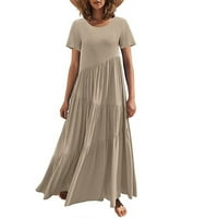 Ljetne haljine za žene kratki rukav A-line maxi modni ispisani scoop haljina iz vrata kaki s