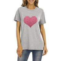 Bazyrey ženske vrhove žene majica Glittery Heart grafički zaljubljeni kratki rukovi tees vrhovi sive