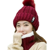 Ženski kabel pletene kašike Beanie manžete kape Fau fur pompom zimske stanice sa šalom