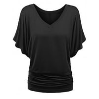 Mnjin Bluze čvrste boje za žene V izrez rufffle s kratkim rukavima, ležerne ljetne vrhove za žene crne