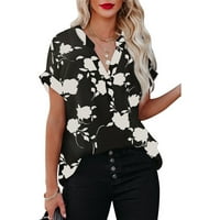 Ženska cvjetna V-izrez ljetna bluza majica casual labav kratki rukav udobni vrhovi, l crna