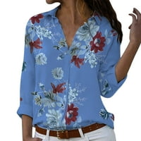 Huaai T majice za žene Women plus veličina labavog ispisa V-izrez gumb za bluzu pulover majica plave