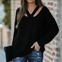 Ženska solidna boja labav pleteni džemper temperament za šivanje V-izrez Top Hot6SL4870523