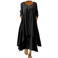 Ženske plus veličine pamučna posteljina dugačka haljina casual labava rukava sa gumbom haljina lagana