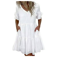 Ležerne haljine za žene kratki rukav čvrsta slobodno vrijeme mini a-line V-izrez haljina bijela 3xl