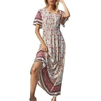 Haljine za žene Himeway Dame Fashion Casual Etnička boemska tiskana za odmor Haljina duga suknja Bež l