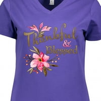 Inktastična zahvalna i blagoslovljena inspirativna rekavši s ružičastim cvijećem majica V-izrez