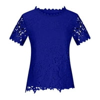 Ženska Crew izrez čipke Crochet Boho vrhovi kratki rukav Flowy Casual Bluzes Majice Blue XXXXL