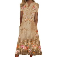 Yuwull Women Hawaiian Cvjetni ispisani sandress Short rukav Midi haljina Flowy haljina s džepovima Karosivna