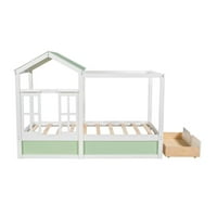 Krevet od dvostruke veličine sa ladicama, Montessori Playhouse Krevet sa krovom i prozorom, Okvir kreveta od punog drveta za djecu Tinejdžeri Dječji Djevojke, zelena