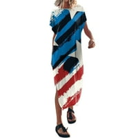 Tkinga modna dana nezavisnost Ženska casual boho Print Labava majica Haljina kratki rukav Maxi Beach