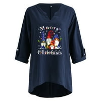 Odeerbi ženske pamučne posteljine vrhovi božićnog tiska Tunika Top dugih rukava V-izrez labava bluza mornarica