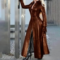Ženska kožna jakna - parka turtleneck dugih rukava puna zip solidna tanka, za jesen zimsko smeđe XL