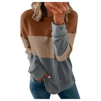 Ženski modni pulover Trendy kontrast okrugli vrat dugih rukava na vrhu bočne prorezne duksere Smeđe