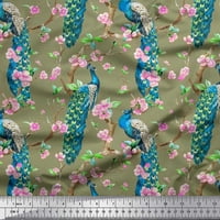 Siamoi Crepe svilena tkanina ružičasta cvijeća, grana i paunska ptica otisnuta tkaninu široko