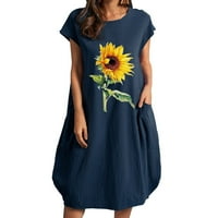 Mveomtd Ženska suncokret tiskana haljina s kratkim rukavima Ljetne okrugle vratne haljine sa džepom
