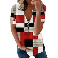 Koaiezne ženske casual geometrije tisak patentnih zatvarača bluza s kratkim rukavima labav pulover Top