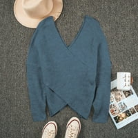 Cardigan džemperi za žene Ženska modna casual pune boje V-izrez Loose Pleteni džemper rebrasti pleteni