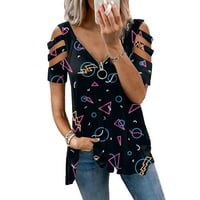 Ženska ljetna majica V-izrez Graphic Prints kratki rukav pola zip vrhova crna l