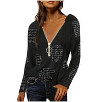 Plus veličine za žene Cvjetni majica s dugim rukavima Zipper V-izrez za ispis bluza crna xxl