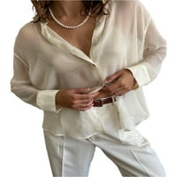 Ženski čista gumba Up košulja dugih rukava Lapelnack Mesh Top Vintage Pogledajte kroz bluzu ulicu Srednja