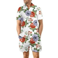 Yuwull Ljeto Muška, dva odijela Ležerne tipke Down 3D cvjetni kratki rukav i kratke hlače za odmor na
