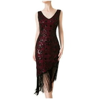 Ženski vintage Sequin Tassel haljina V izrez bez rukava rub rukava bljeskalica Sparkle Slim Fit koktel
