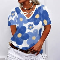 Yyeselk Žene tucinske košulje casual kratkih rukava crossover seksi v-izrez udobne vrhove slobodno vrijeme Fancy cvjetni tisak ljetni pulover bluzes plavi xxxl