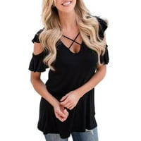 Prevelike majice za žene s kratkim rukavima V-izrez labavi fit bluza Ležerni print crni l