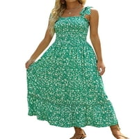 REJLUN Žene Maxi Haljine Square Crt dugačak haljina bez rukava Summer Beach Sundress Provjerite ispis
