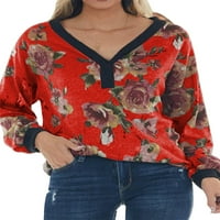 Qinavy ženski cvjetni ispisani kontrast V-izrez ravno bluza