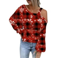 Košulje s dugim rukavima za žene Božićni plaćeni snježni pahuljica Ispis asimetrične bluze za bluza s ramenom na rame Top pulover