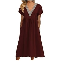 Obucine haljine za žene jeseni vintage čvrsta boja čipka u obliku vrata kratka rukav rukav Ruched midi