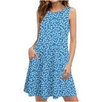 Ljetne midi haljine za žensku haljine na plaži A-line iznad-the-koljena bez rukava Floral Blue XL