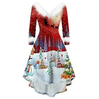 Yuelianxi Božićne ženske haljine žene božićne panele s dugim rukavima V ovratnik asimetrična haljina