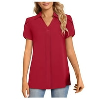 Bazyrey ženska bluza Ženska casual moda Solidna boja V-izrez kratki rukav lapeli The Top Red XXL