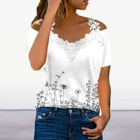 Ženska V-izrez čipkaste patchwork vrhovi kratkih rukava majica tiskana majica Tunic Top