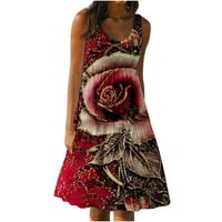 Ljetne haljine za žene, ženska casual haljina ljeti visoki struk midi tenkove u vratu ruža ruža Ispis