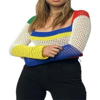 Eyicmarn Ženski džemper od Y2K pleteni džemper izdubljeni Crochet Patchwork Jumper Pulover Streetweear