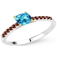 Gem Stone King 0. CT Swiss Blue Topaz Red Garnet Srebrni i 10K žuti zlatni prsten