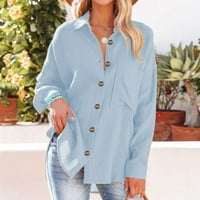 Ženska majica Čvrsta boja Okrug dugih rukava Ljeto Looseble gumb Up Ležerni džepni vrhovi za odmor Elegantna