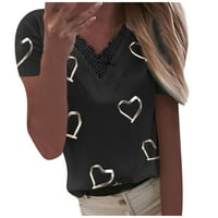Cieken Women Hearts Ispis V-izrez čipke patchwork kratkih rukava majica majica majica za žene za žene