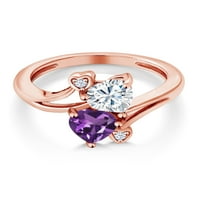 Gem Stone King 18K Rose pozlaćeni sterlijski srebrni ljubičasti ametist dvostruki srčani prsten za žene postavljene sa moissineom