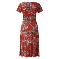 Ljetne haljine za žene moda o vratu Dužina gležnja kratkih rukava s dugim ljuljačkama haljina crvena