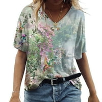 Bazyrey ženske vrhove ženskog modnog casual digitalnog tiska sa labavim majicama sa cvijećem i pticom