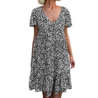 Ljetne haljine za žene iznad koljena boemska cvjetna kratka rukava A-line V-izrez putna haljina crne