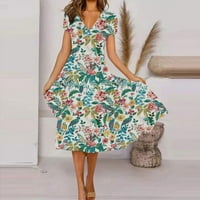 Ženska haljina ljetna casual moda cvjetna ispis kratkih rukava V-izrez Swing haljina, zelena, l